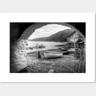 Clovelly Boats, North Devon, UK, Black And White Posters and Art